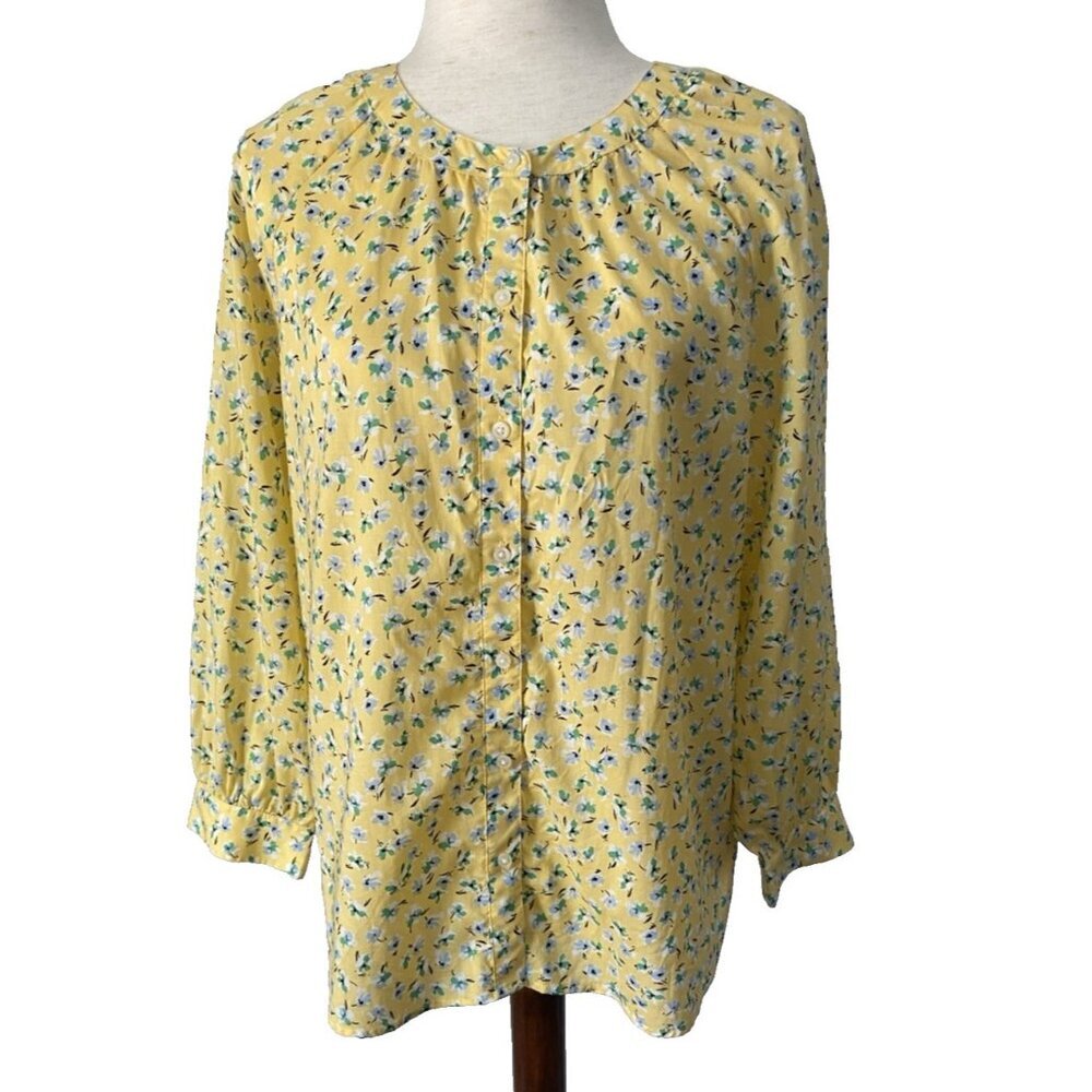 Ann Taylor Blouse Medium Yellow Ditzy Floral Button Front Tunic Top Shirt M
